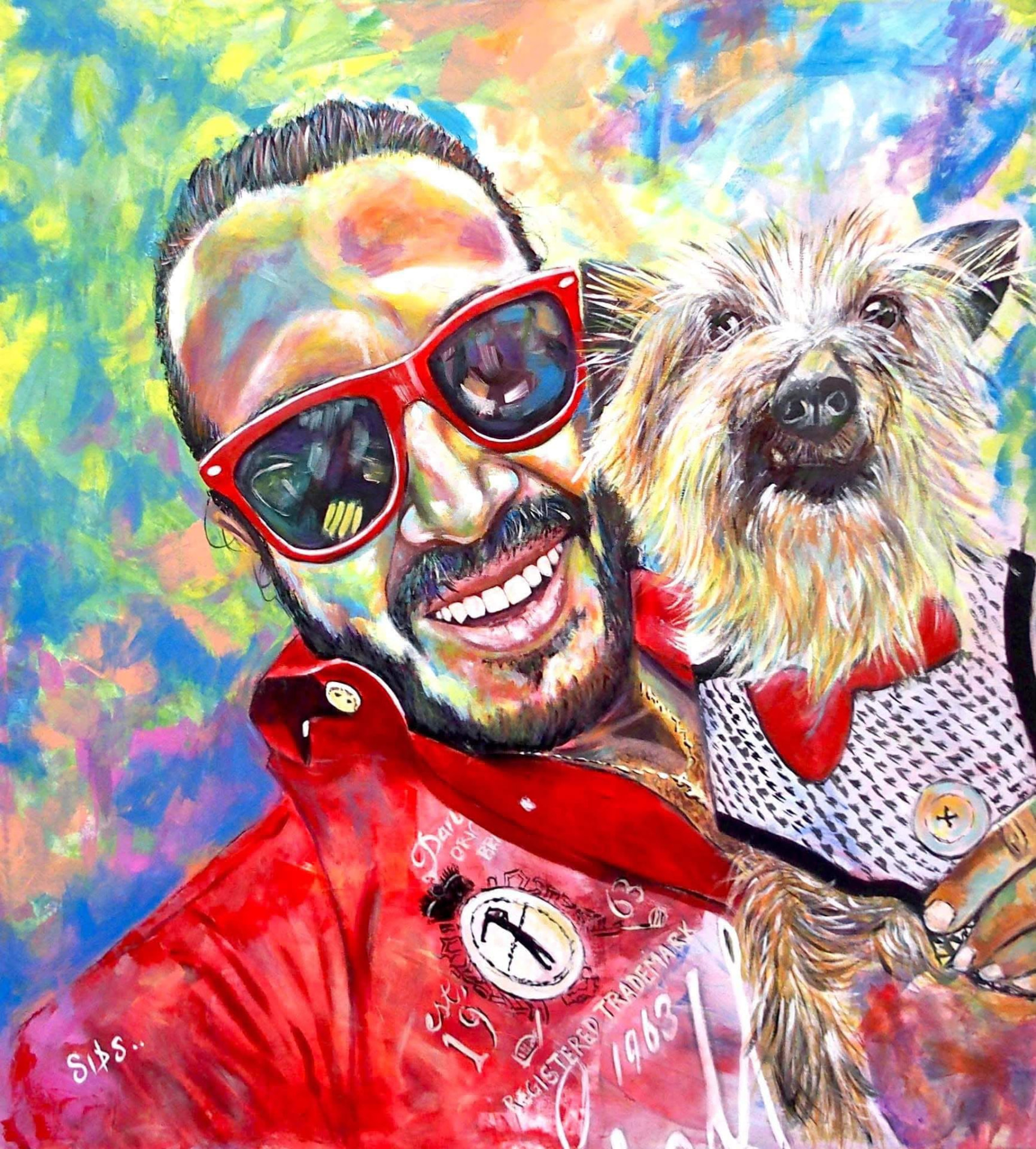 Painted portrait of our founder with Red, the rescue dog behind our paw print